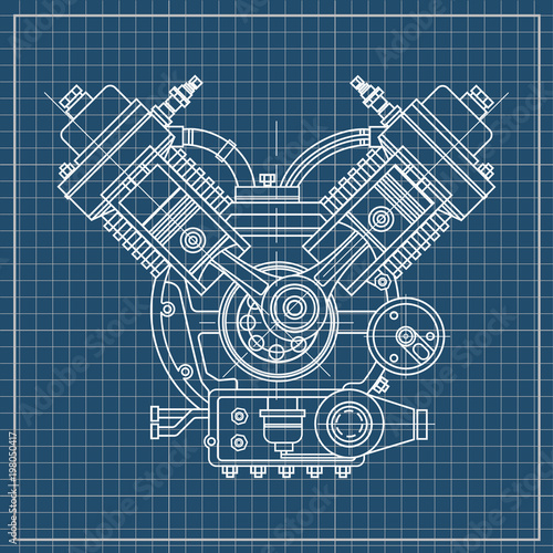 An internal combustion motor. The drawing engine of the machine in section, illustrating the inner structure - the cylinders, pistons, the spark plug. Isolated on white background.