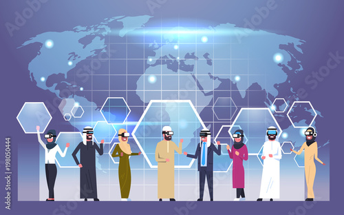 Group Of Arab Business People Wearing Vr Headset Virtual Reality Glasses Over World Map Background Flat Vector Illustration