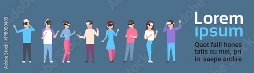 Group Of Casual People Wearing Vr Goggles Virtual Reality Glasses Over Background With Copy Space Flat Vector Illustration