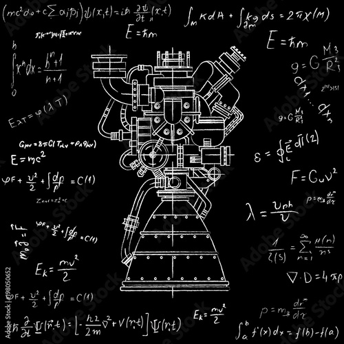 Rocket engine design. It can be used as an illustration for the high-tech, engineering development and research.