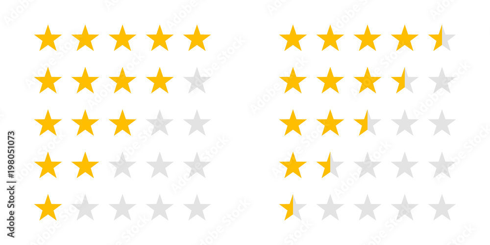 Rating stars icons for 5 star and half rate. Vector review ranking stars for web design signs - obrazy, fototapety, plakaty 