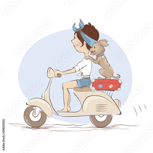 Girl on scooter / Girl goes on a journey with a dog , funny vector illustration