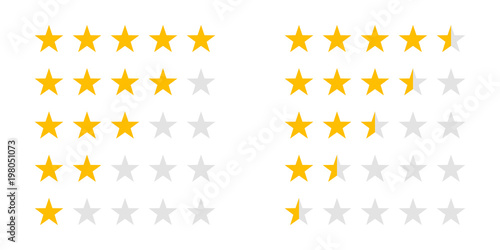 Rating stars icons for 5 star and half rate. Vector review ranking stars for web design signs