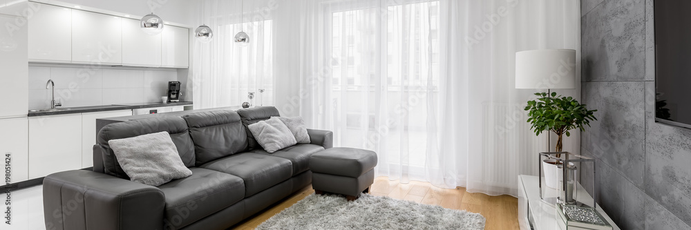 Living room with leather sofa - obrazy, fototapety, plakaty 
