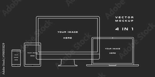 Outline computer monitor, laptop, tablet, smartphone isolated on black background. Can use for template presentation, web design and ui kits. White electronic gadget, device mockup. Vector