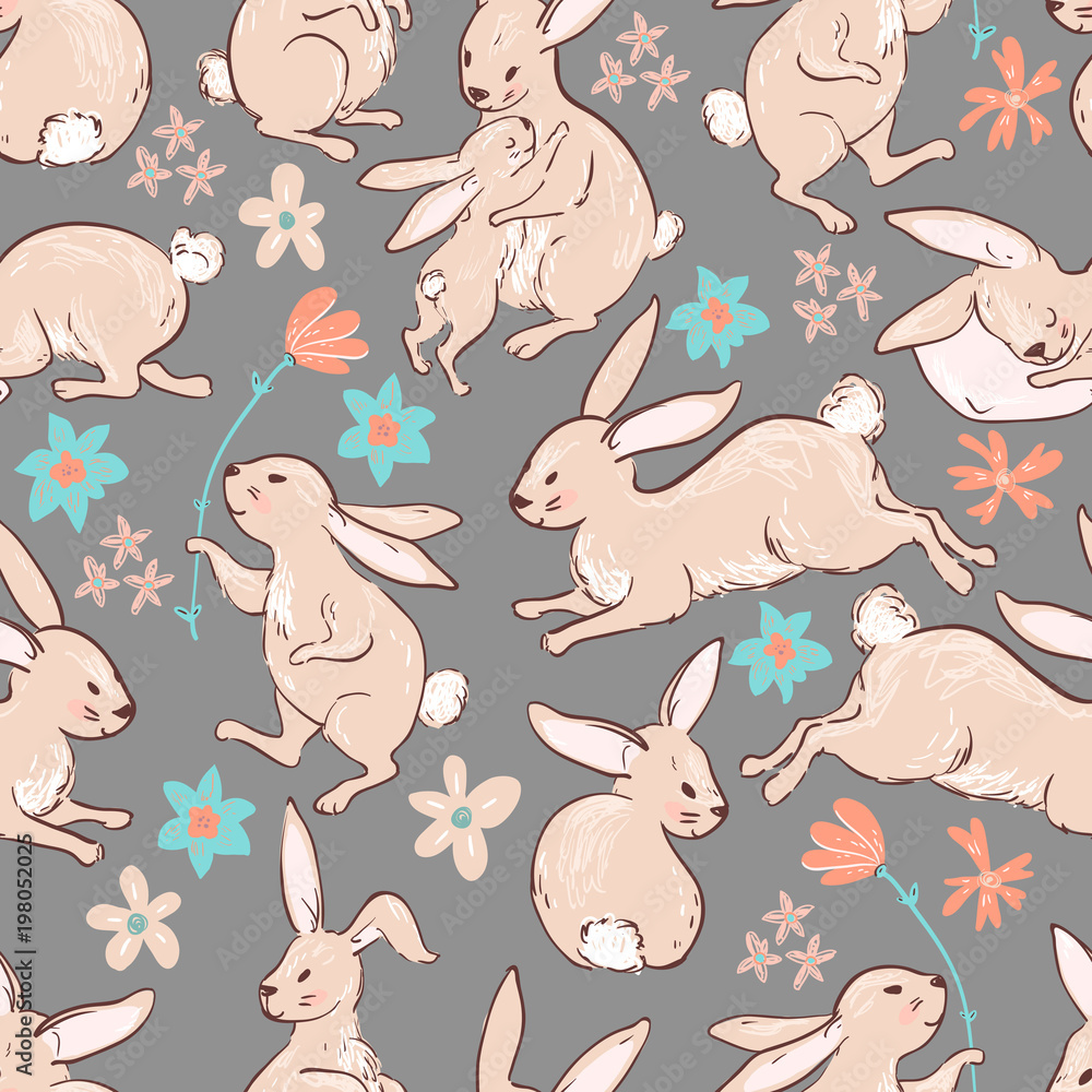 Fototapeta premium Vector sweet bunnies, character cute seamless pattern. Pastel co