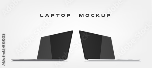 Laptop isolated on abstract background. Can use for template presentation, web design and ui kits. Black and white electronic gadget, device mockup. Vector illustration