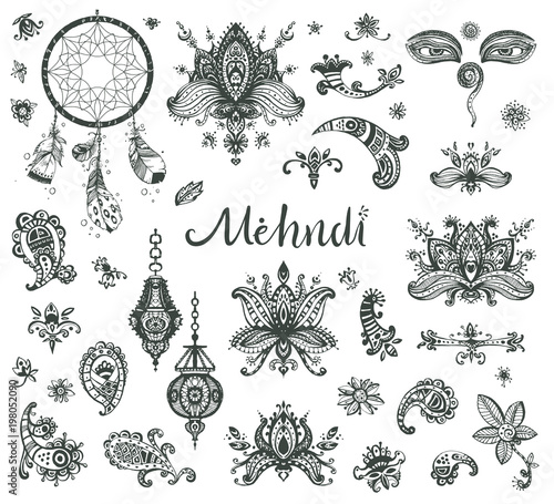 Vector hand drawn set of henna floral lotos elements, eyes and l