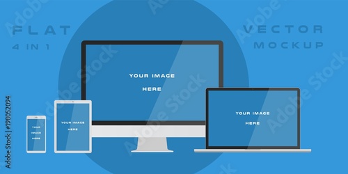Flat computer monitor, laptop, tablet, smartphone isolated on blue background. Can use for template presentation, web design and ui kits. White electronic gadget, device mockup. Vector illustration