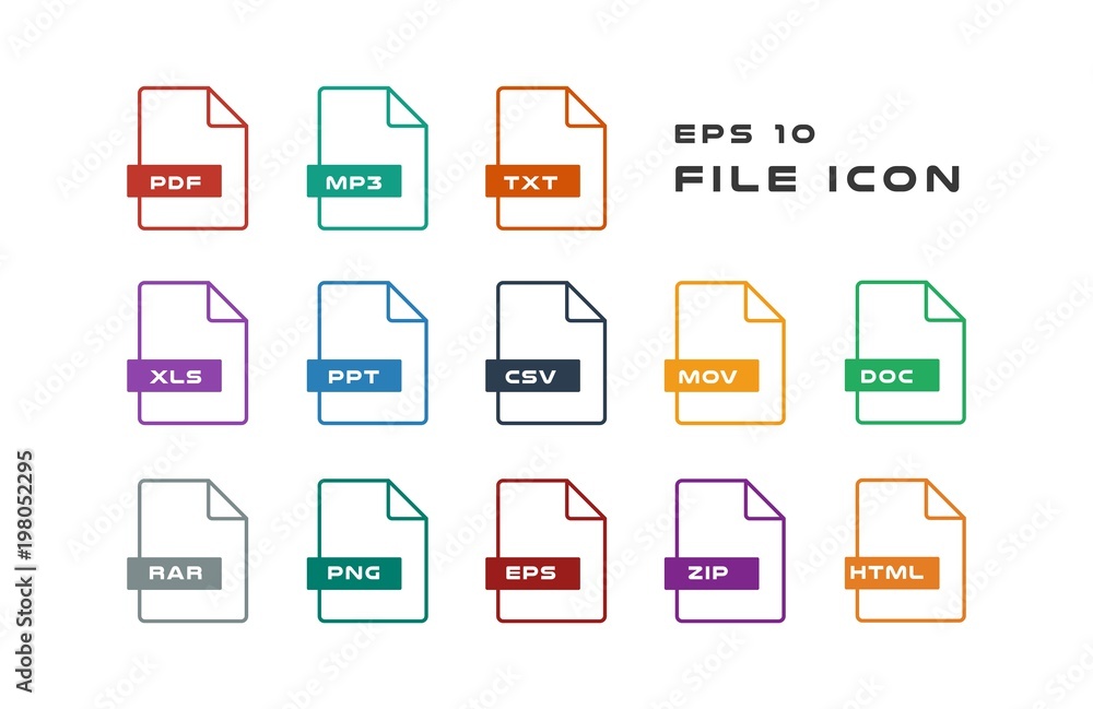 Set of Document Labels and File Formats Icons. PDF, MP3, TXT, XLS, PPT,  CSV, MOV, DOC, RAR, PNG, EPS, ZIP, HTML. Vector illustration. EPS 10 Stock  Vector | Adobe Stock