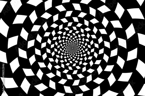 Black and white spirals of the rectangles radial expanding from the center, Optical illusion - chessboard swirl,