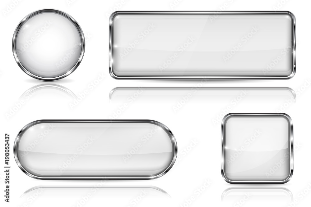 White glass buttons with chrome frame. Set of blank shiny 3d web icons White glass buttons with chrome frame. Set of blank shiny 3d web icons