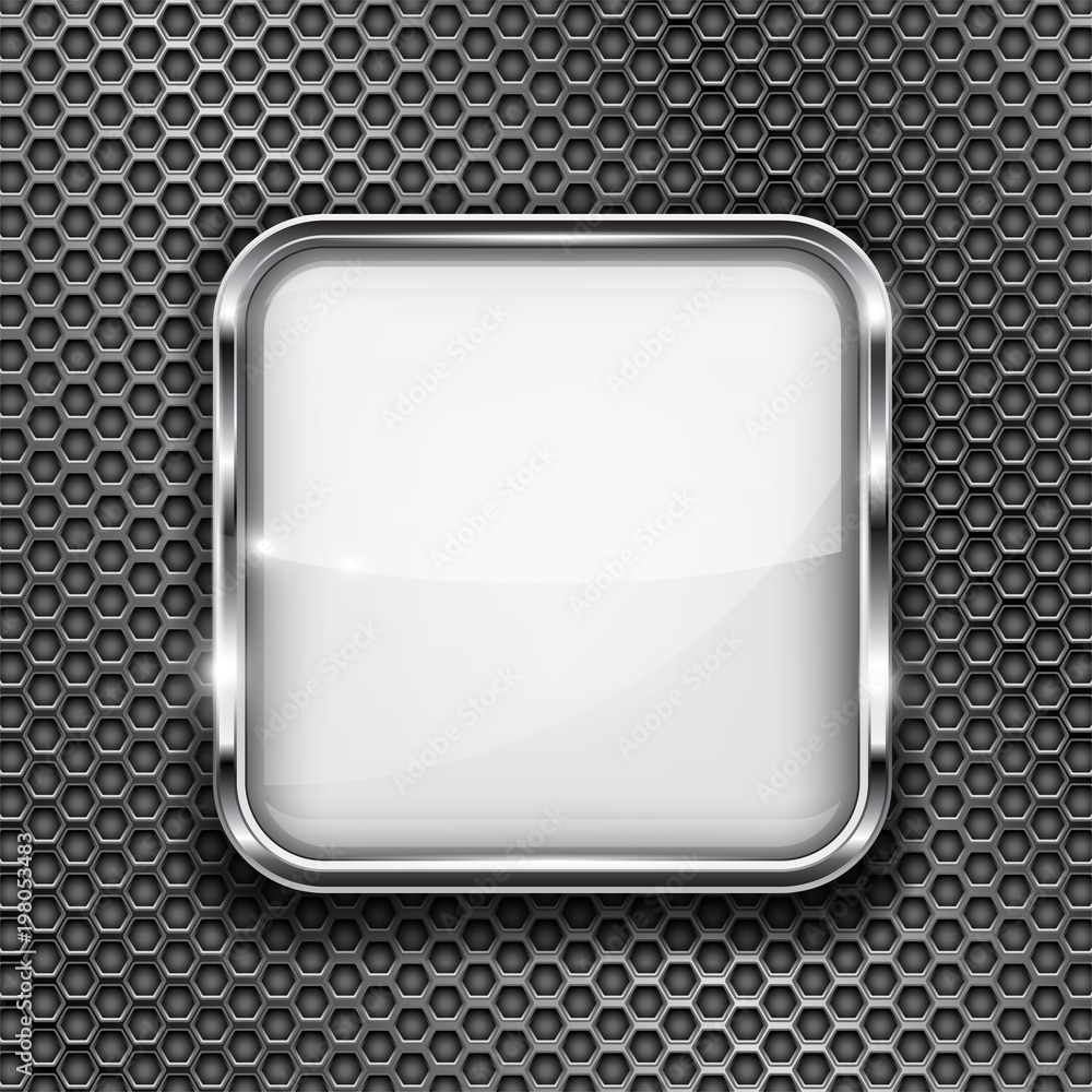 White button frame on perforated background. Square glass 3d icon with  metal frame Stock Vector | Adobe Stock