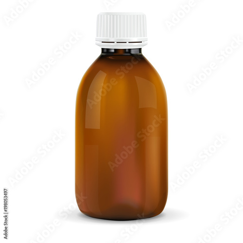 Brown plastic bottle with white cap. For medicine