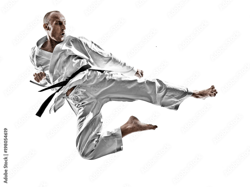 one karate kata training man isolated on white background