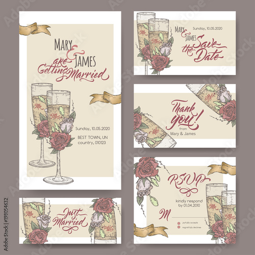 Set of five original attractive wedding cards based on wine glass color sketch and brush calligraphy.