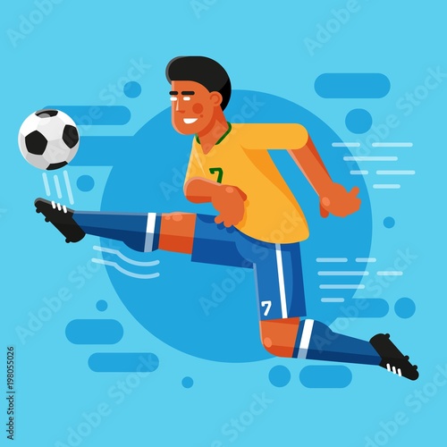 Brazilian football striker with an afro hairstyle in classic yellow blue uniform is hitting the ball. Flat illustration.