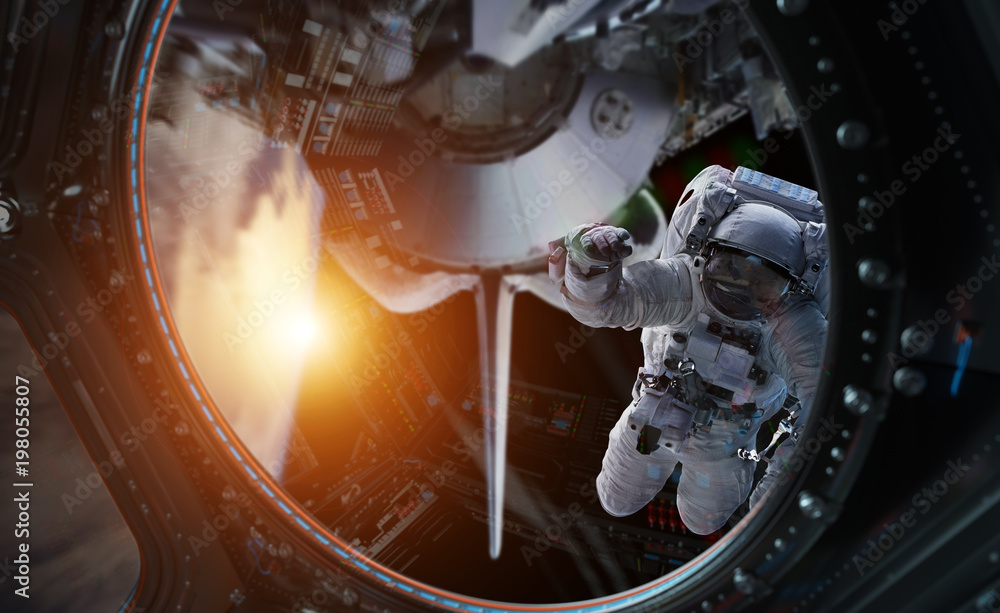 Astronaut working on a space station 3D rendering elements of this image furnished by NASA - obrazy, fototapety, plakaty 