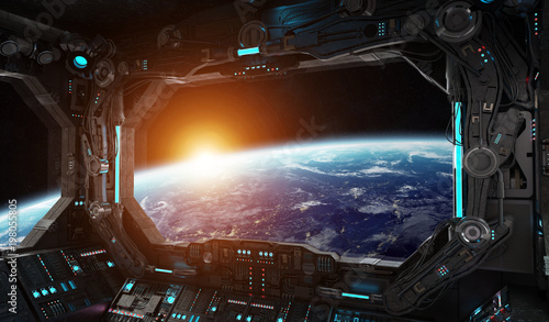 Fototapeta Naklejka Na Ścianę i Meble -  Spaceship grunge interior with view on planet Earth