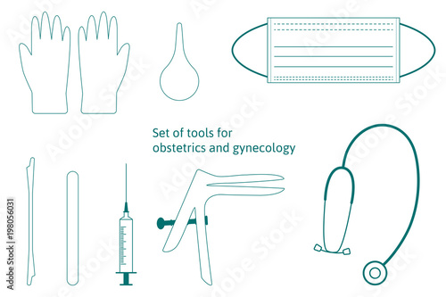 Vector set of instruments for for obstetrics and gynecology. Vaginal speculum, syringe, medicine gloves, mask, spatula, stethoscope. Medical tools for medical investigation. Feminine health diagnosis.