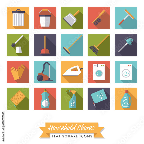 Household chores flat design square icon set