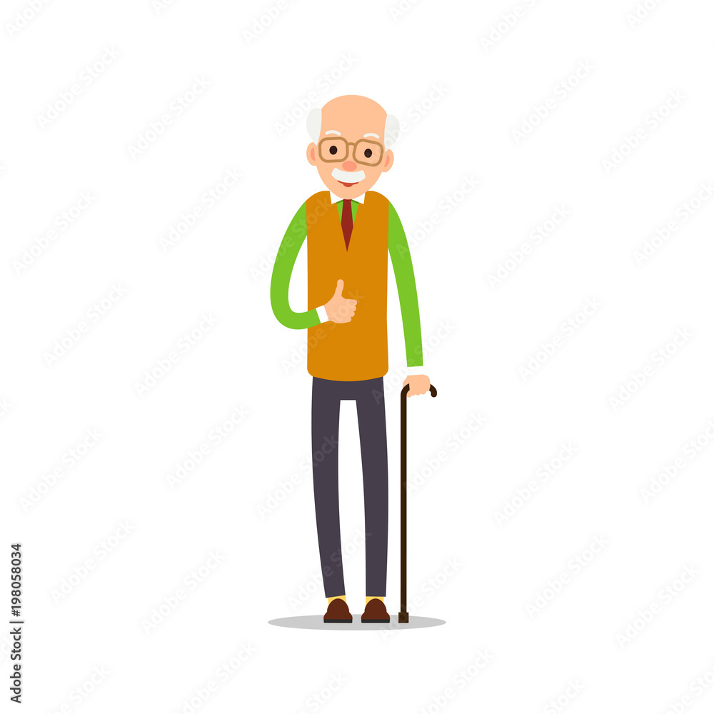 Old man. Elderly man in pullover and tie and rests on stick. Cartoon illustration isolated on white background in flat style. Full length portrait of old human, senior or grandfather Old man. Elderly man in pullover and tie and rests on stick. Cartoon illustration isolated on white background in flat style. Full length portrait of old human, senior or grandfather