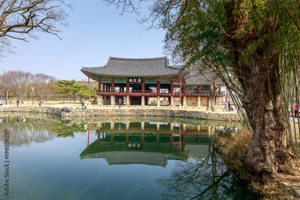 Traditional Gwanghalluwon Pavilion scene in spring