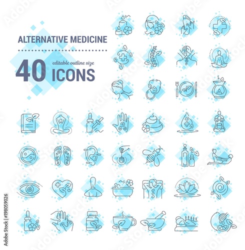 Vector graphic set. Editable outline stroke size. Icons in flat, contour, thin and linear design. Alternative medicine. Simple isolated icons. Concept illustration. Sign, symbol, element.
