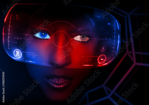 Virtual Reality 3D - Woman Face with VR Display in Abstract Illustration, Vector
