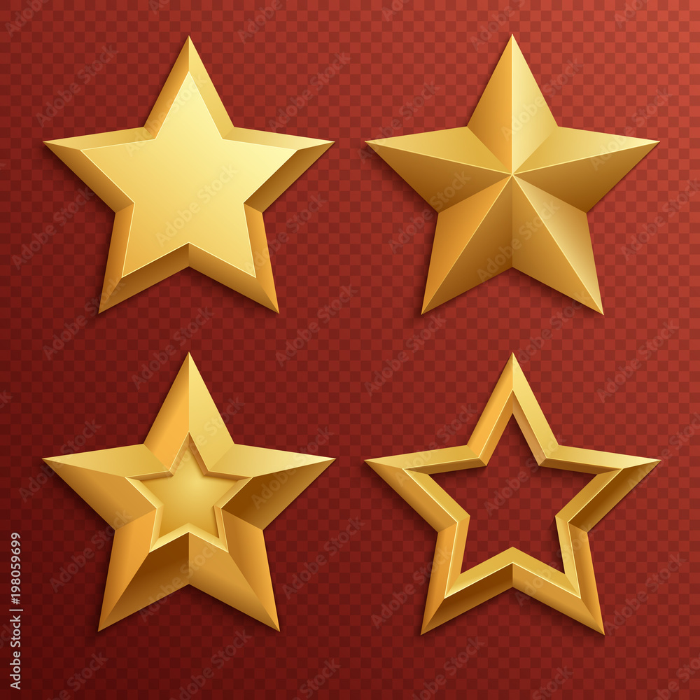 Realistic metal golden stars isolated for rating and holiday decoration vector set Realistic metal golden stars isolated for rating and holiday decoration vector set