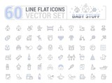 Vector graphic set. Icons in flat, contour, thin, minimal and linear design. Child life accessories. Baby care. Concept illustration for Web site, app. Sign, symbol, element, silhouette.