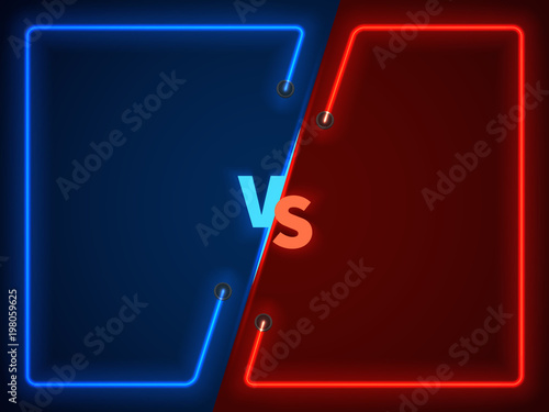 Versus battle, business confrontation screen with neon frames and vs logo vector illustration