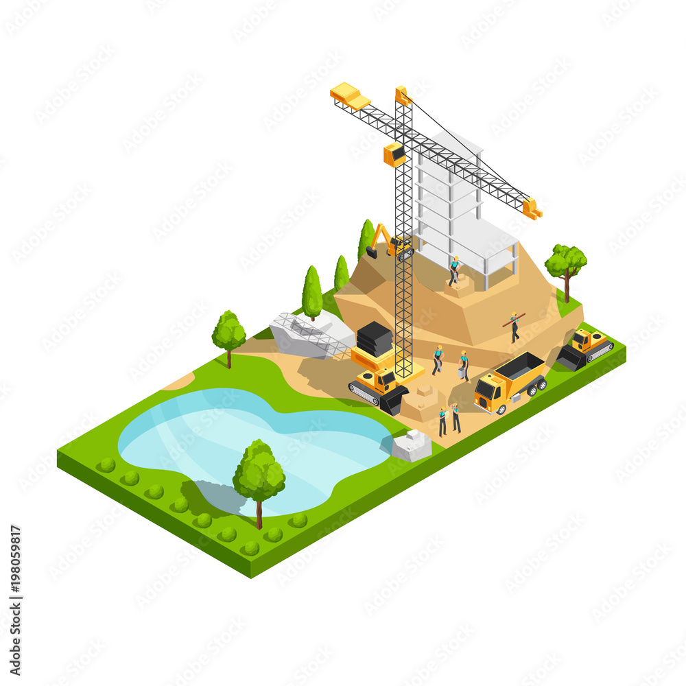 Fotografie Commercial building construction 3d isometric vector concept for architecture si
