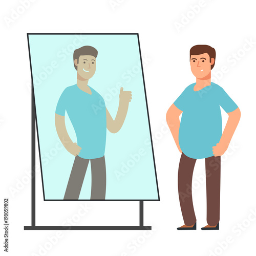 Fat man looking on strong and thin person reflection in mirror. Fitness goals vector concept