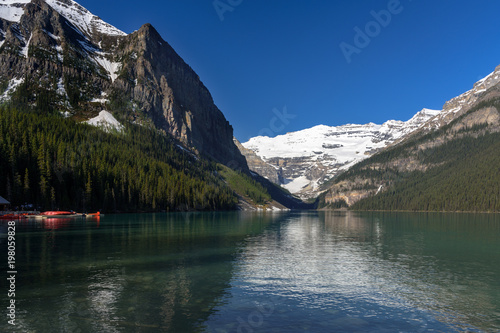 Lake Louise with Snowcapped Mountain reflection in the water, Summer, Banff National Park, Alberta, Canada