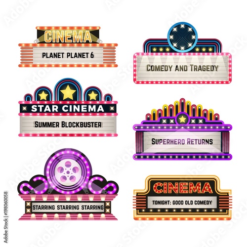 Old theater movie neo light signboards in 1930s retro style. Blank cinema and casino vector banners