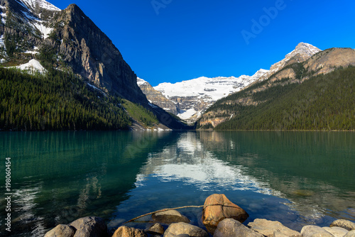 Panoramic with of Louise Lake in Early Summer, Banff National Park, Alberta