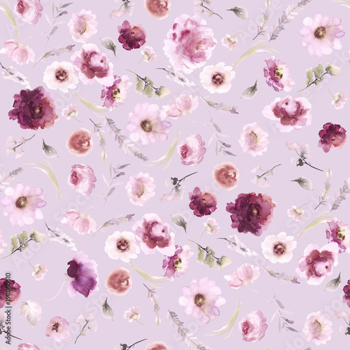 Seamless summer pattern with watercolor flowers handmade. © Karma