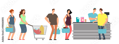 Big queue shopping people at cash desk with cashier in supermarket cartoon vector illustration