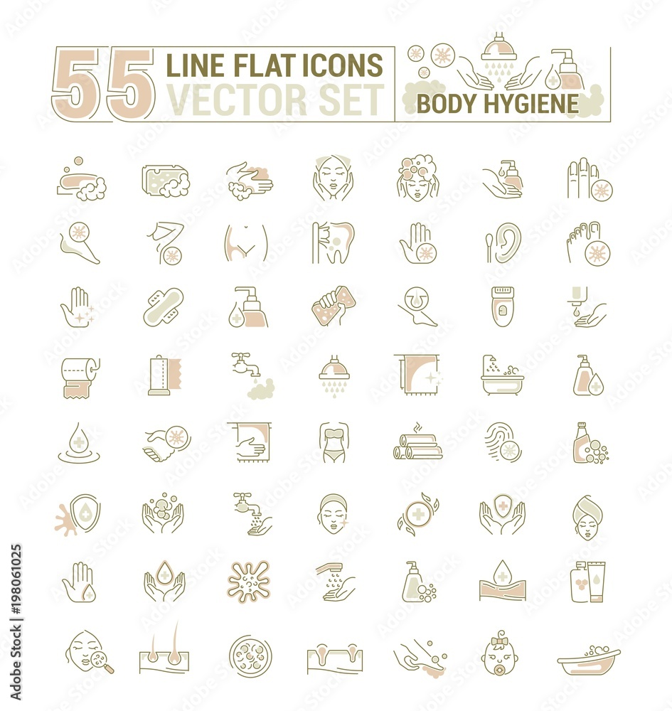 Vector graphic set. Icons in flat, contour,thin, minimal and linear design. Care of body. Hygiene product. Body wash, epilation, peeling. Simple isolated icons. Concept sign, symbol, element. Vector graphic set. Icons in flat, contour,thin, minimal and linear design. Care of body. Hygiene product. Body wash, epilation, peeling. Simple isolated icons. Concept sign, symbol, element.
