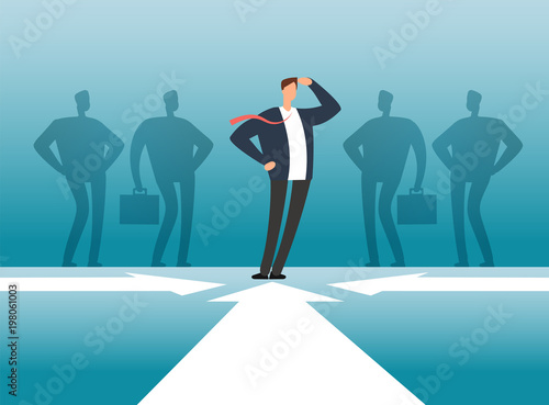 Businessman in front of people group shadow. Employee management, teamwork and leadership vector concept