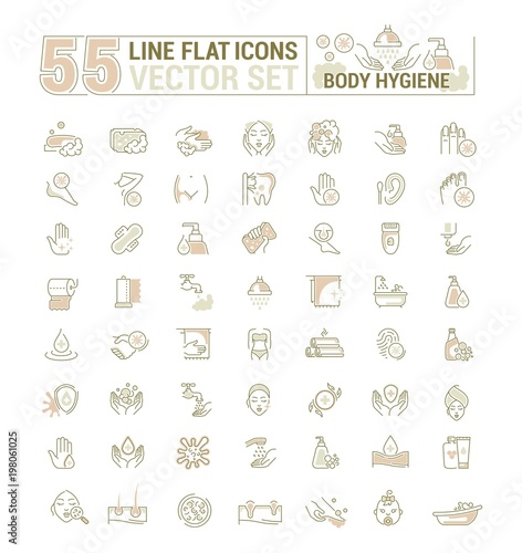 Vector graphic set. Icons in flat, contour,thin, minimal and linear design. Care of body. Hygiene product. Body wash, epilation, peeling. Simple isolated icons. Concept sign, symbol, element.