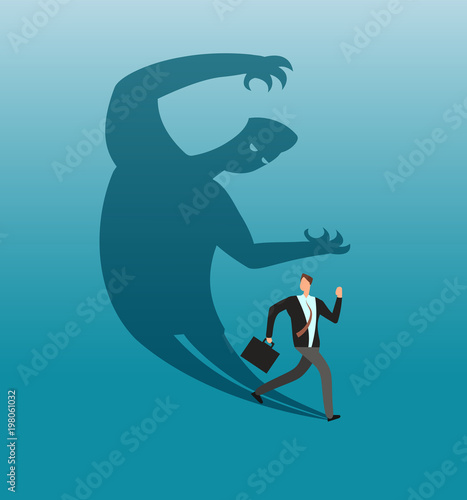 Scared businessman running away in panic from own shadow. Anxiety and conflict vector business concept