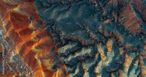 Minimalist mountain landscape. Aerial view on Rainbow mountains in Zhangye National Geopark displaying multicolored pattern