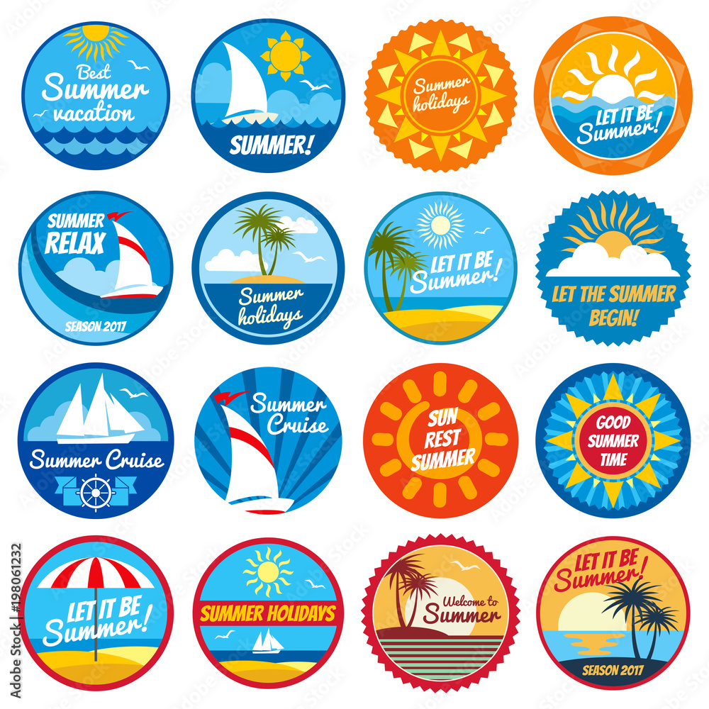 Vintage summer labels. Tropical holiday vector logos with typography - emblems with sun and sea