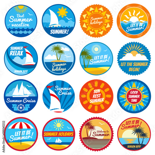 Vintage summer labels. Tropical holiday vector logos with typography - emblems with sun and sea