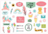 Set of colorful scrapbooking stickers - unicorn, cupcake, ice cream, rainbow etc. with hand written phrases.