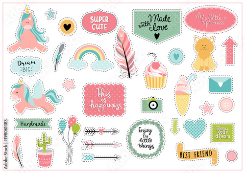 Set of colorful scrapbooking stickers - unicorn, cupcake, ice cream, rainbow etc. with hand written phrases.