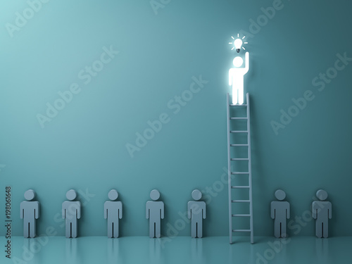 Stand out from the crowd and different concept , One glowing light man on the  ladder got an idea bulb among other no idea people on dark green background with shadow and reflections . 3D rendering.
