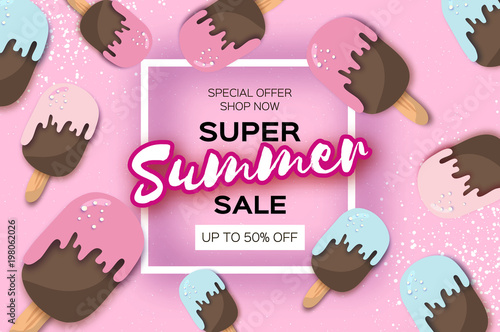 Super Summer Sale with ice-creams in paper cut style. Origami Melting ice cream on pink. Space for text. Square frame. Hot Summertime. Holidays.